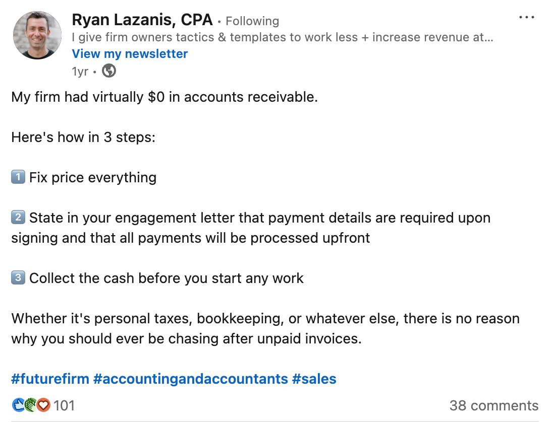 Ryan Lazanis' LinkedIn post on having almost $0 in AR