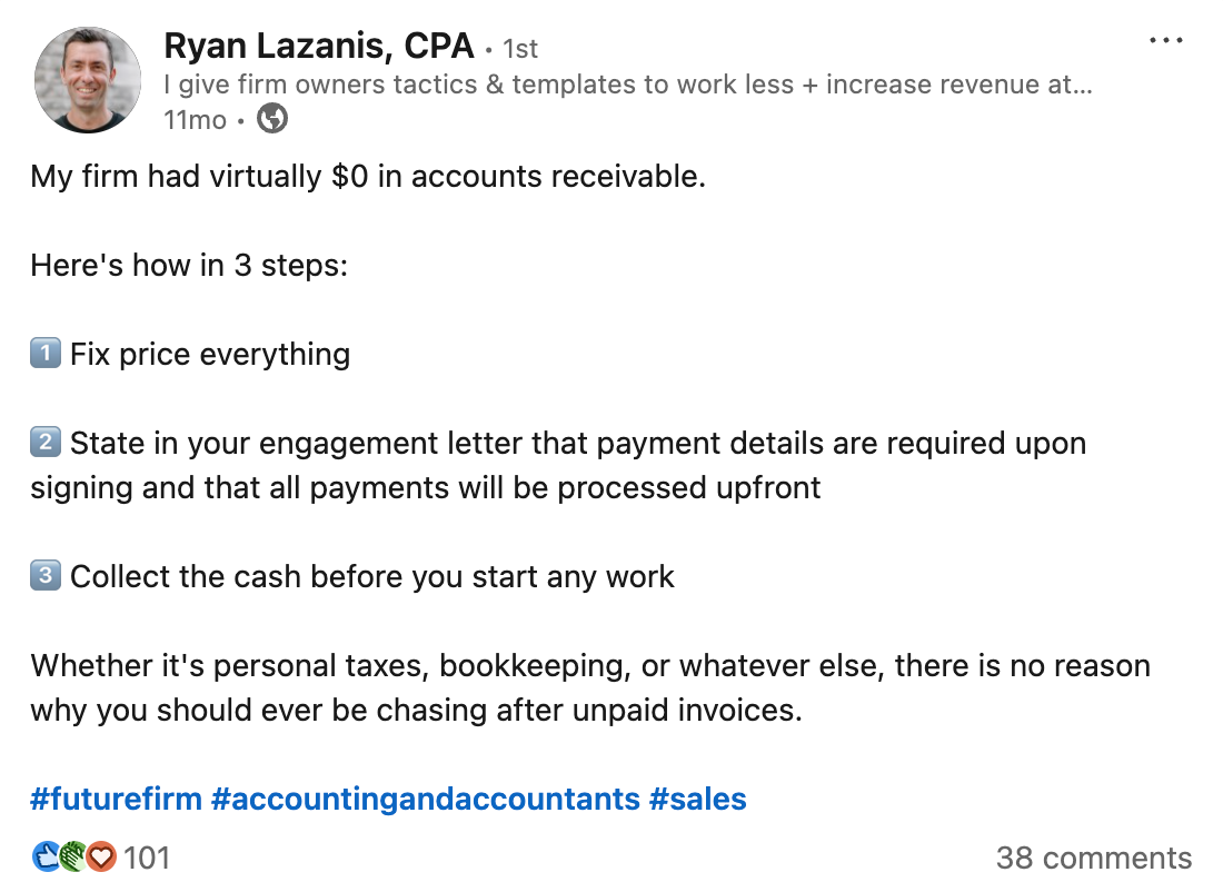 Ryan Lazanis LinkedIn post about having $0 accounts receivable