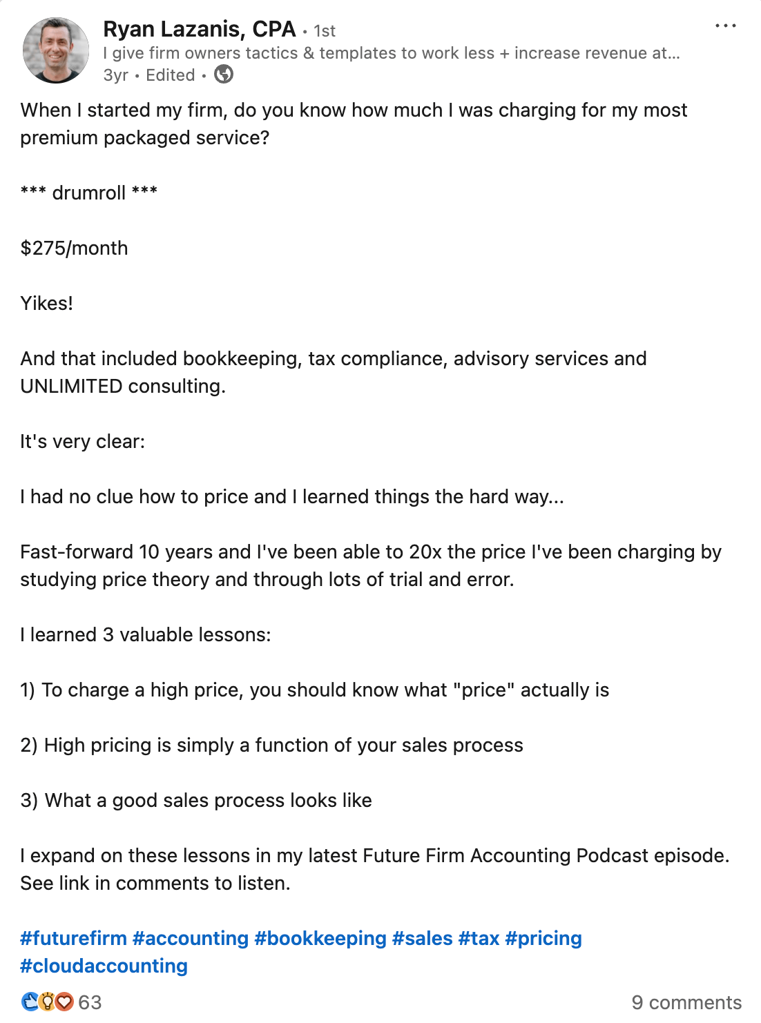 Ryan Lazanis LinkedIn post on charging too little for a premium plan