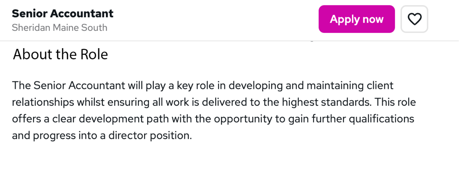 A screenshot of Sheridan Maine South's Senior Accountant job posting role introduction