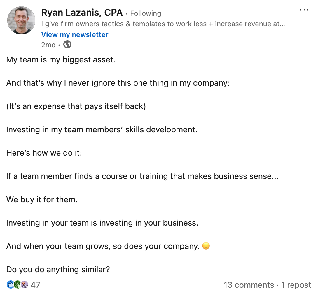 A screenshot of Ryan Lazanis's LinkedIn post on why investing in team skill development is a worthwhile expense