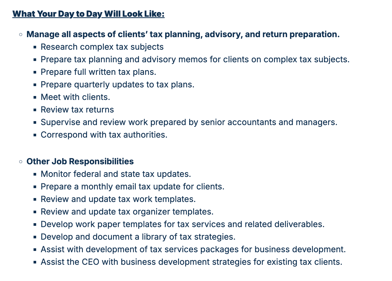 Example of a Tax Manager job description from a Future Firm Accelerate member