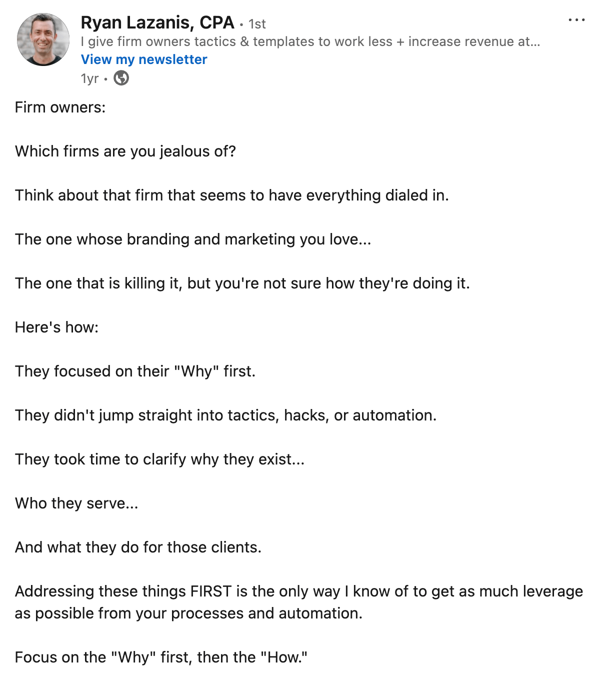 Ryan Lazanis LinkedIn post about accounting firms' "Why"