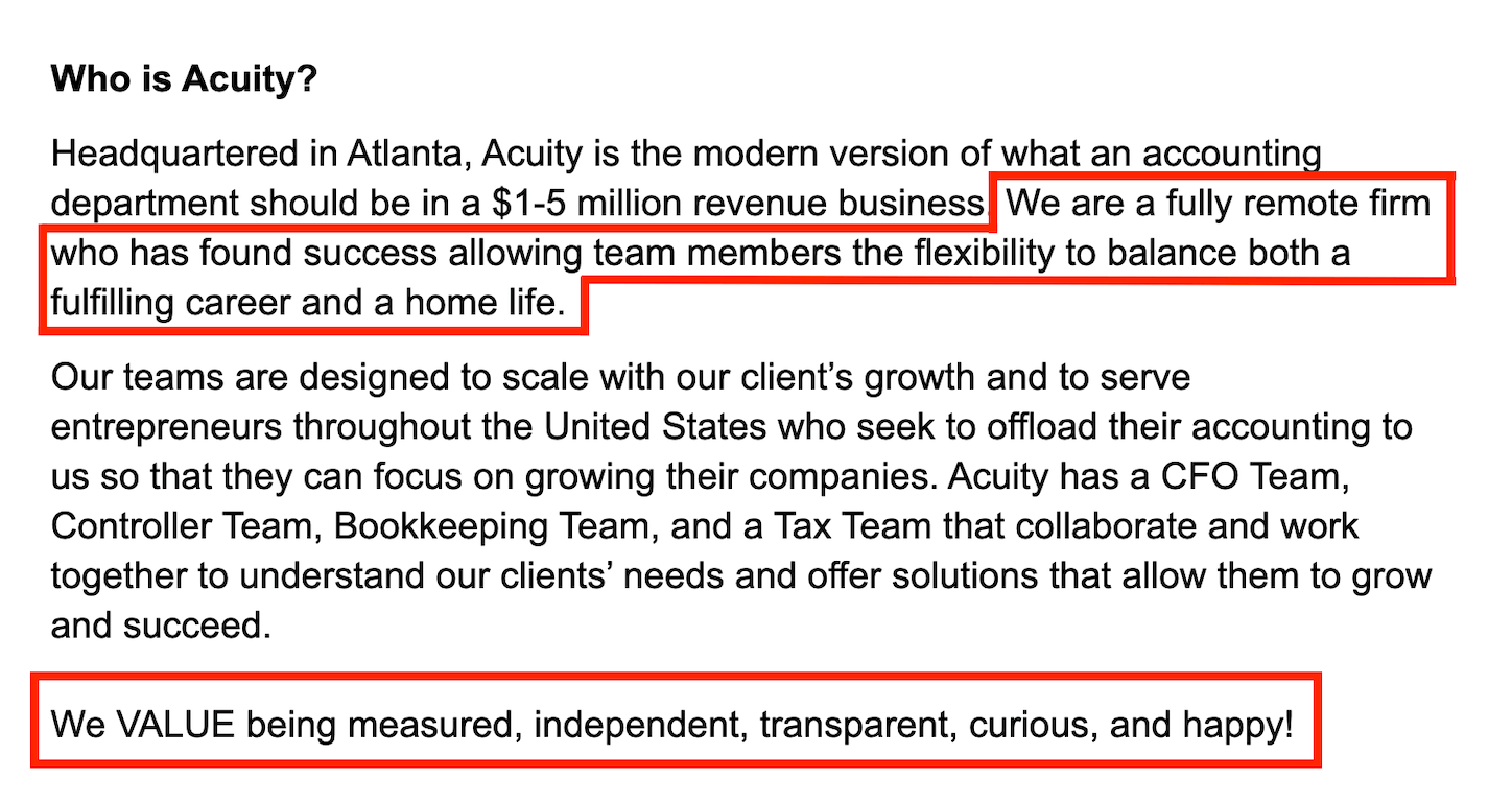 Firm summary example from Acuity