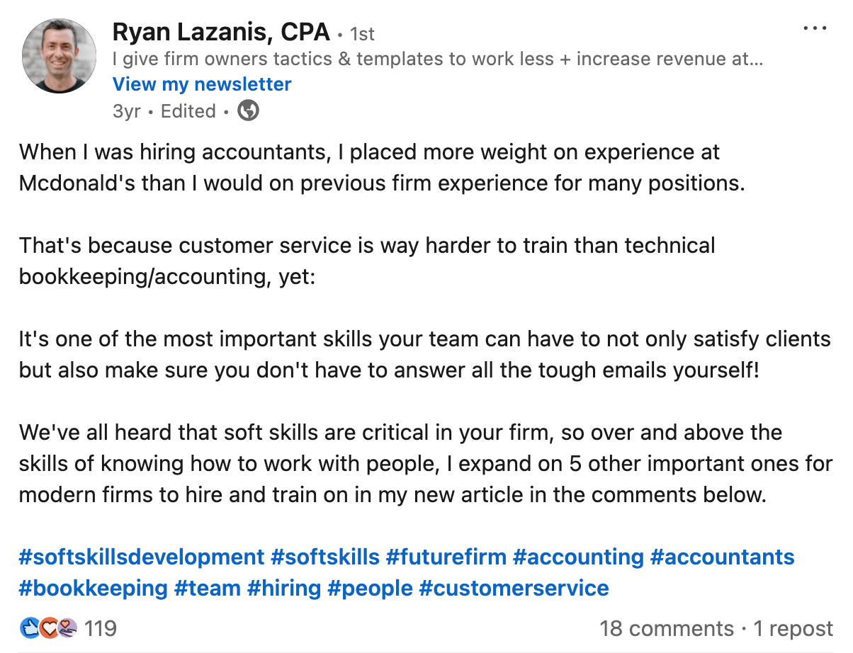 Ryan LinkedIn post about hiring for McDonald's experience