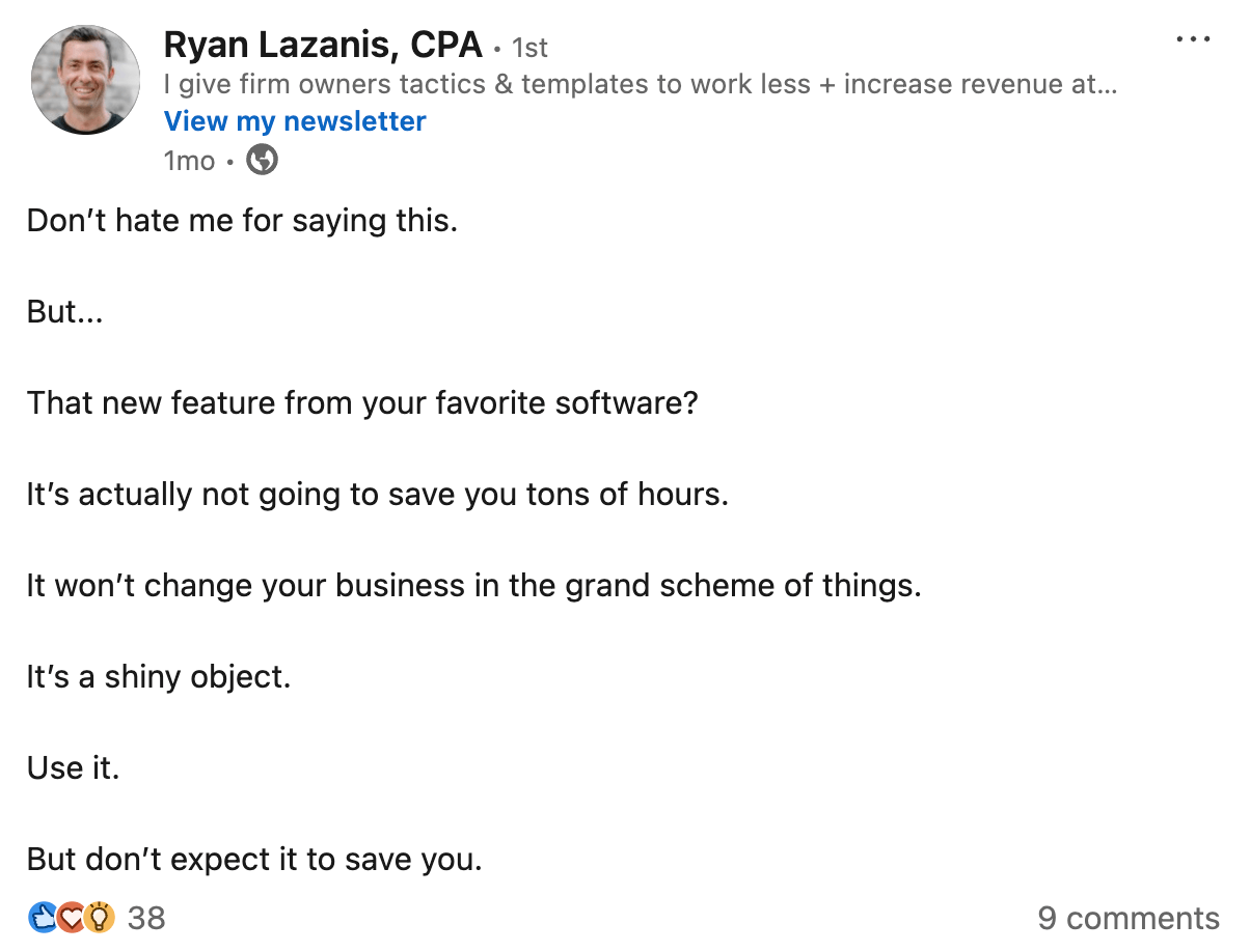 Ryan Lazanis LinkedIn post about shiny object syndrome