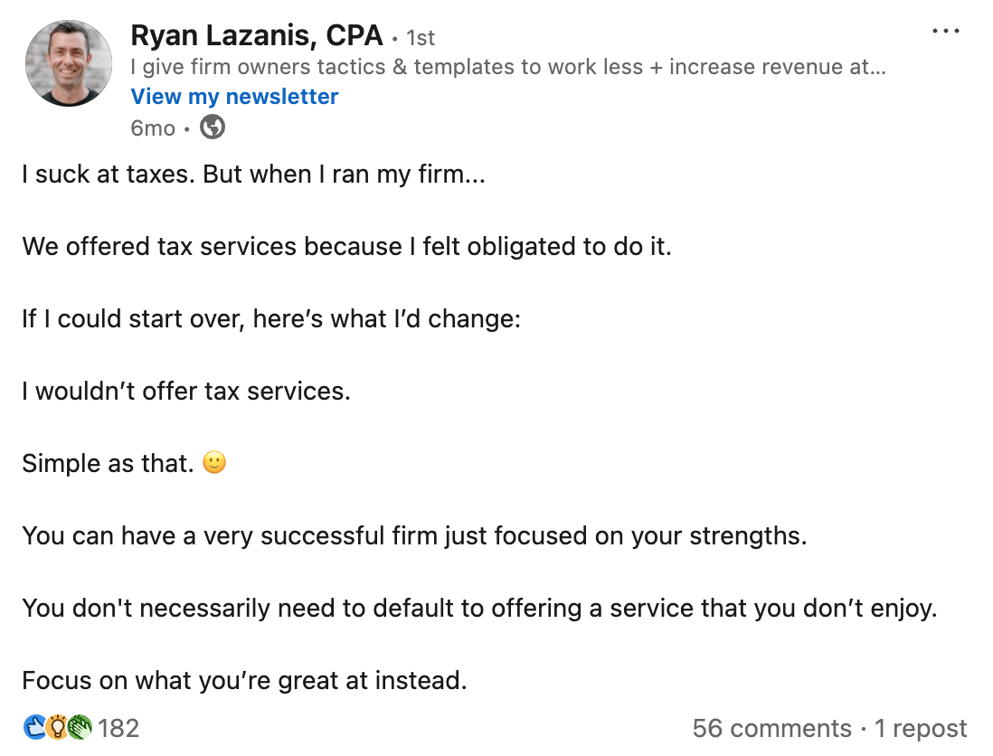 Ryan Lazanis LinkedIn post on not offering tax services