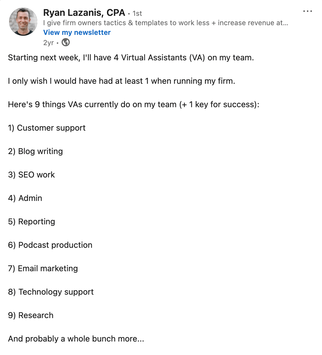 Ryan Lazanis LinkedIn post on VA responsibilities