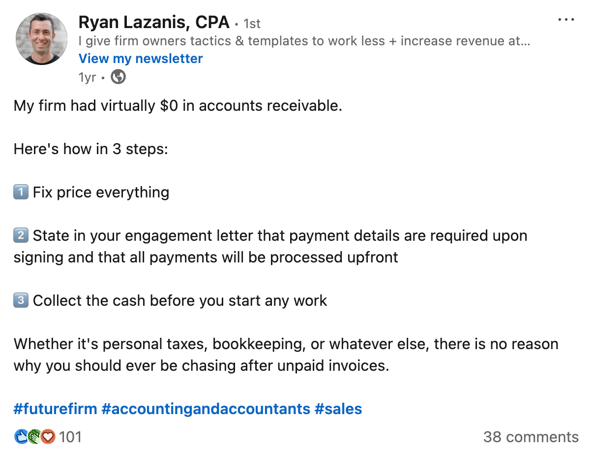 Ryan Lazanis LinkedIn post about having 0 accounts receivable