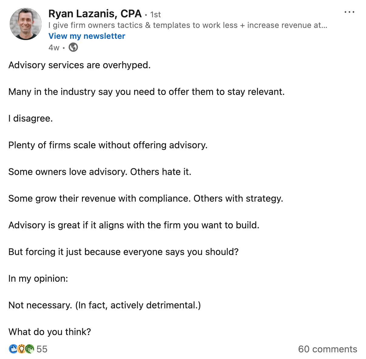 Ryan Lazanis post about advisory services being overhyped
