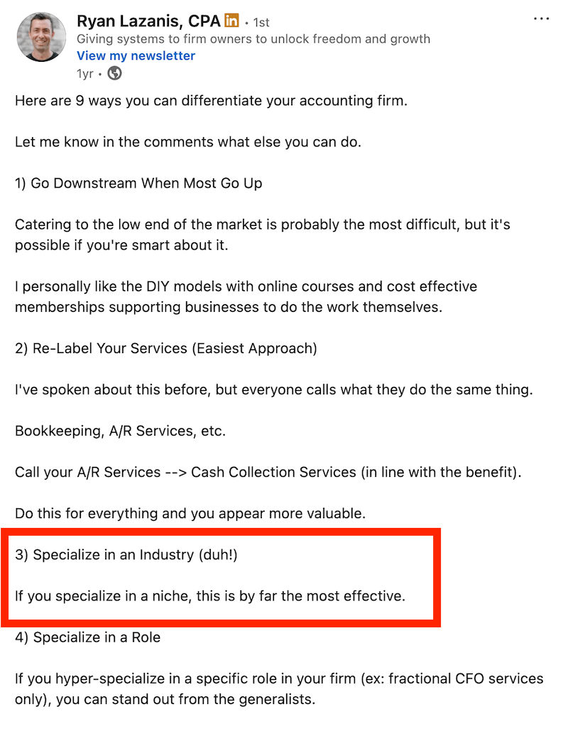 Ryan Lazanis LinkedIn post about specializing in an industry
