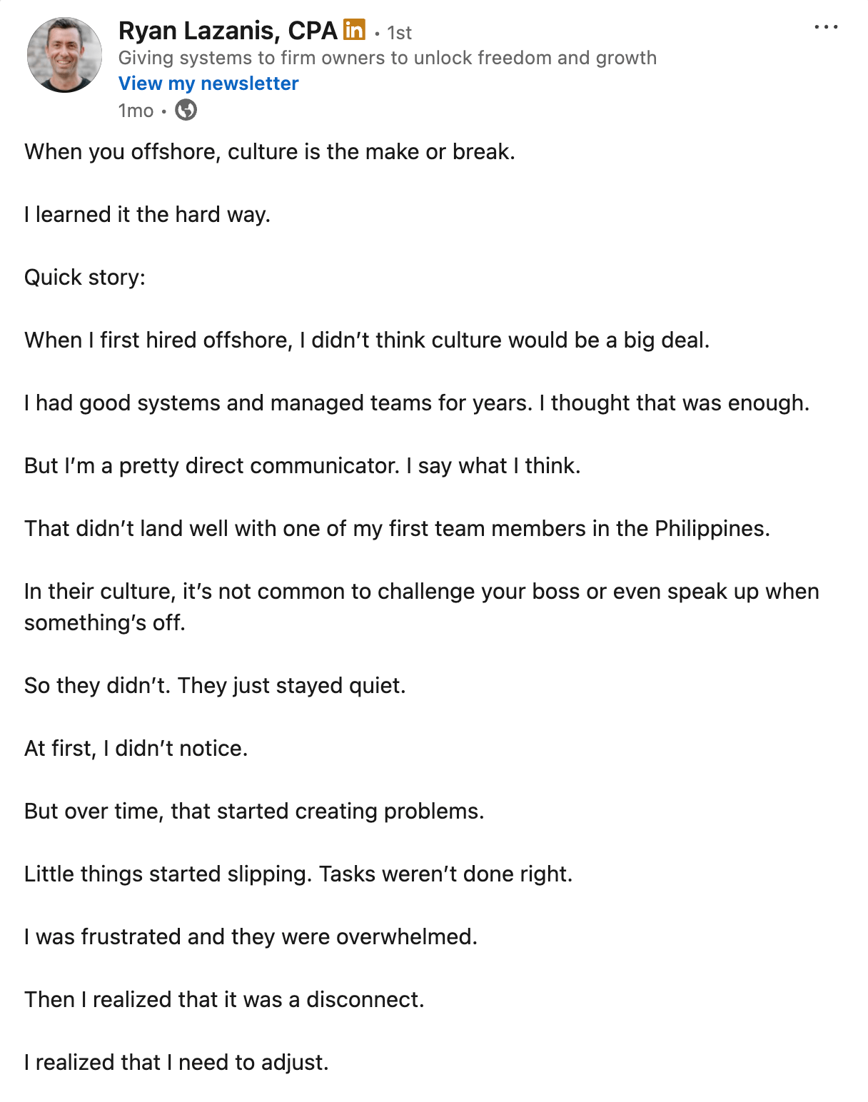 Ryan Lazanis LinkedIn post about culture struggles with an early offshore hire