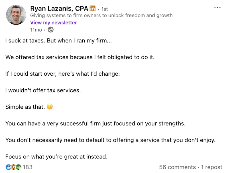 LinkedIn - Ryan Lazanis wouldn't offer tax services if he started over